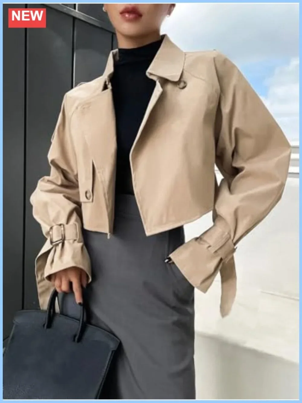Women's Cropped Trench Coat Double-Breasted Long Sleeve Cotton Fashion Jacket